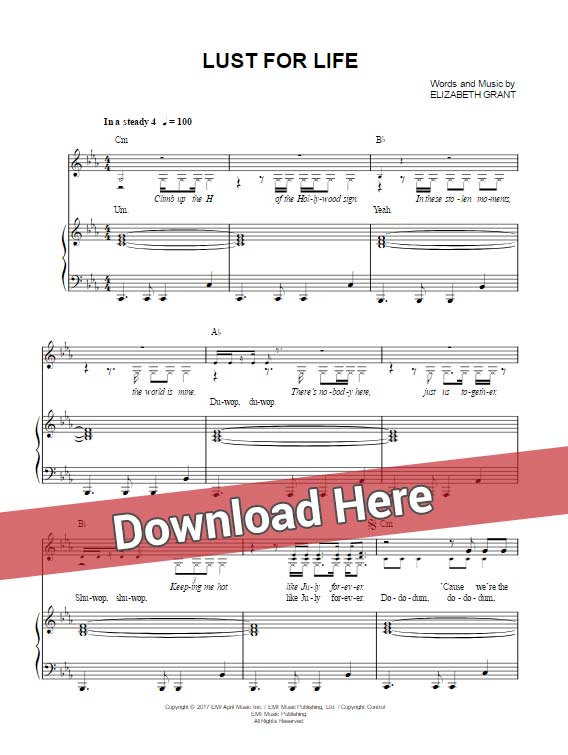 lana del rey, lust for life, sheet music, the weeknd, piano notes, chords, klavier noten, akkorden, transpose, composition, guitar, tabs, clef