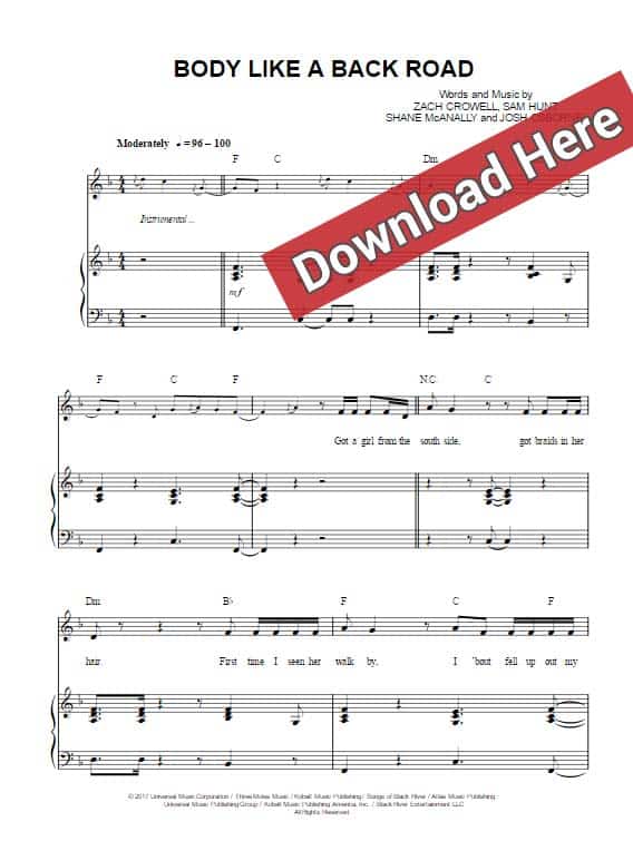 sam hunt, body like a back road, sheet music, piano notes, chords, download, keyboard, guitar, klavier noten