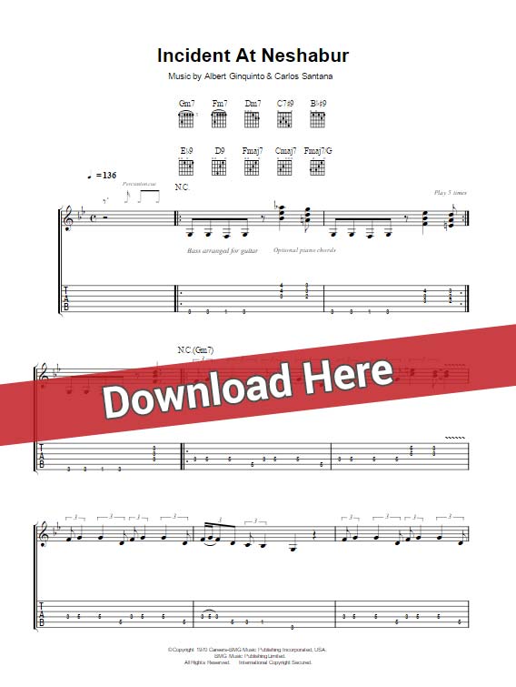 santana, incident at neshabur, sheet music, guitar tab, play, learn, tutorial, score, cleff