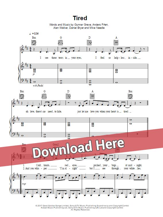 alan walker, tired, sheet music, piano notes, klavier noten, chords, download, pdf, transpose, composition
