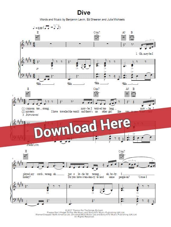 ed sheeran, dive, sheet music, chords, piano notes, score, klavier noten