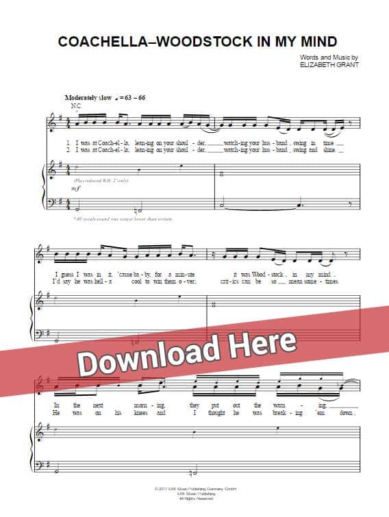 Lana Del Rey, Coachella Woodstock In My Mind, sheet music, piano notes, score, chords, download, keyboard, guitar, bass, tabs, klavier noten, lesson, tutorial, guide, how to play