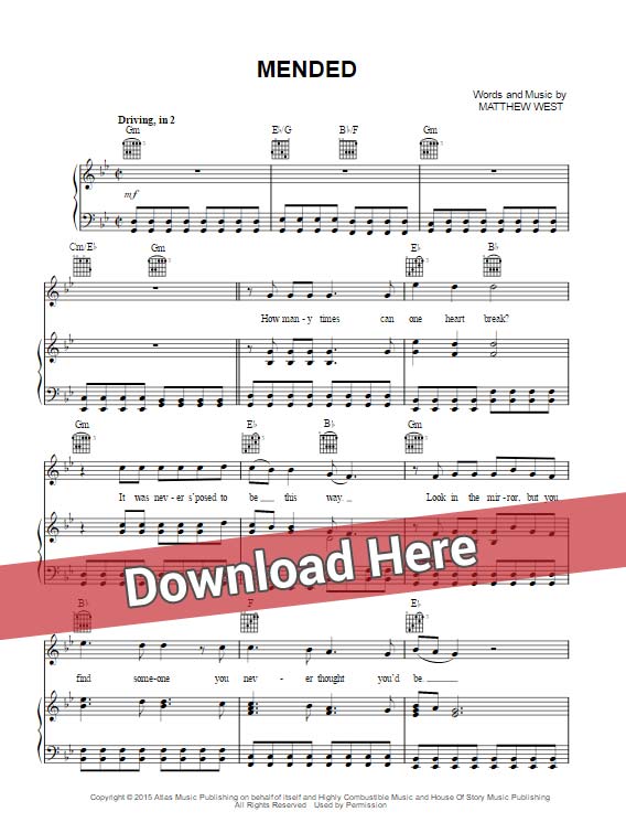 matthew west, mended, sheet music, piano notes, chords, download, klavier noten, transpose, composition, keyboard, guitar, tabs