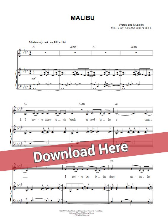 miley cyrus, malibu, sheet music, piano notes, score, chords, download, keyboard, guitar, bass, tabs, klavier noten, lesson, tutorial, guide, how to play