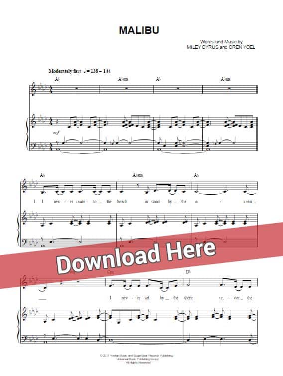 miley cyrus, malibu, sheet music, piano notes, score, chords, download, keyboard, guitar, bass, tabs, klavier noten, lesson, tutorial, guide, how to play