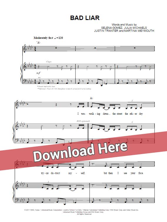 selena gomez, bad liar, sheet music, piano notes, chords, download, transpose, composition, klavier noten