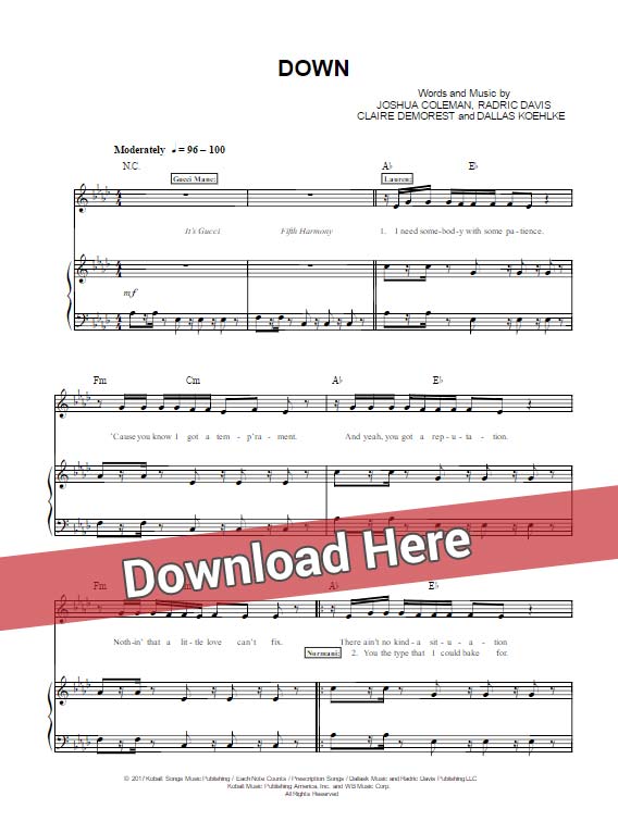 fifth harmony, down, sheet music, piano notes, chords, download, pdf, klaiver noten, composition, transpose, gucci mane