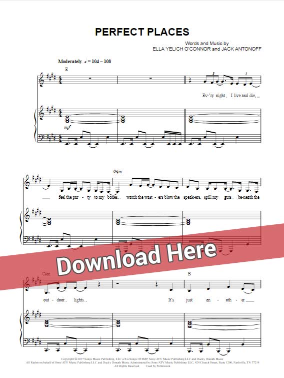 lorde, perfect places, sheet music, piano notes, chords, download, keyboard, klavier noten, partition, composition, transpose