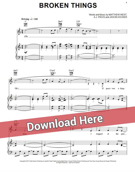 matthew west, broken things, sheet music, piano notes, chords, klavier noten, keyboard, guitar, download, pdf, free