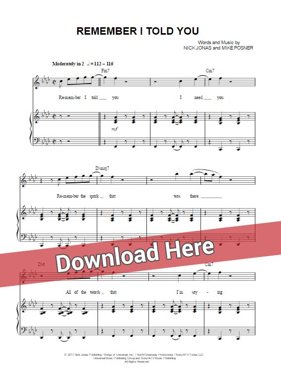 nick jonas, remember i told you, sheet music, piano notes, chords, download, klaiver noten, keyboard, voice, vocals, transpose, composition