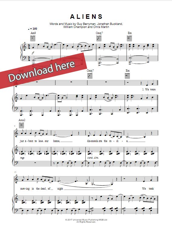 coldplay, aliens, sheet music, piano notes, chords, download, klavier noten, keyboard, guitar, voice, vocals, transpose, composition