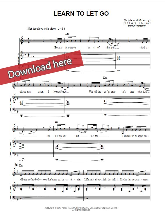kesha, learn to let go, sheet music, piano notes, chords, download, klaiver noten, composition, transpose