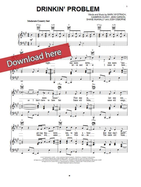 midland, drinkin problem, sheet music, piano notes, guitar chords, tabs, klaiver noten, keyboard, voice, vocals