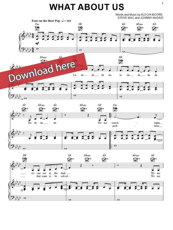pink, what about us, sheet music, piano notes, chords, download, klavier noten, keyboard, guitar, voice, vocals, composition, transpose
