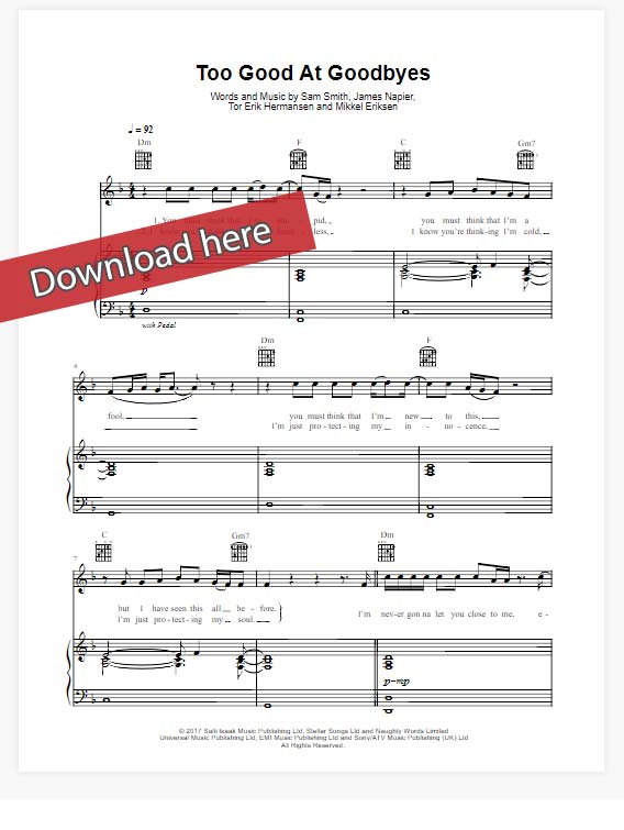 sam smith, too good at goodbyes, sheet music, piano notes, chords, download, klavier noten, keyboard, guitar, transpose, composition