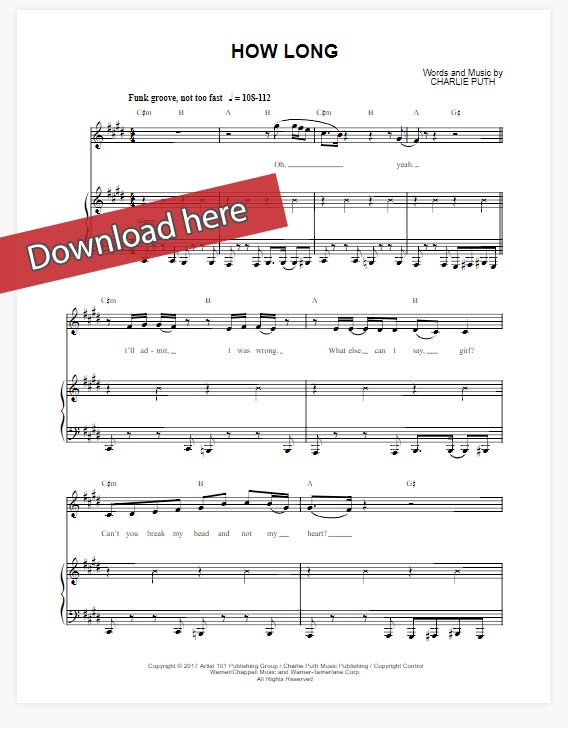 charlie puth, how long, sheet music, piano notes, chords, download, klavier noten, keyboard, transpose, composition