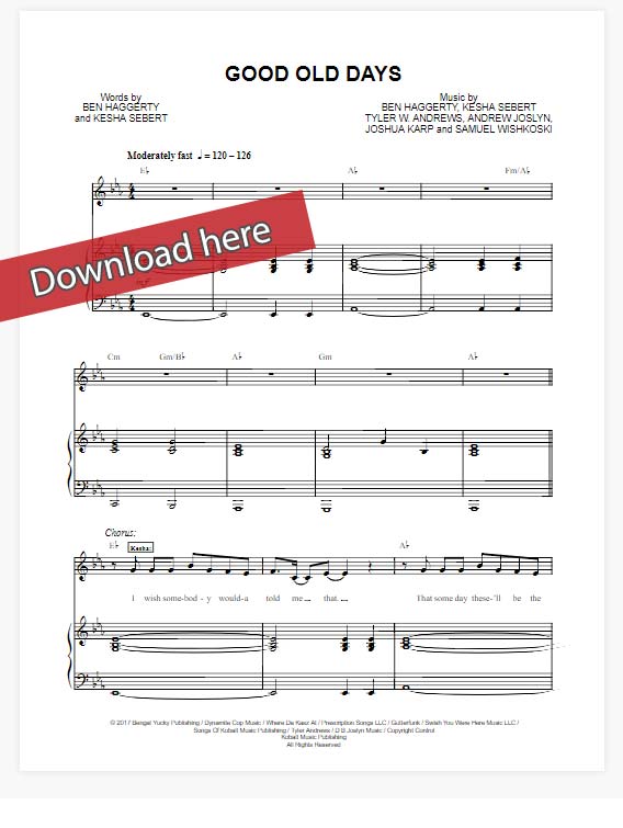 macklemore, good old days, sheet music, kesha, piano notes, chords, download, pdf, klaiver noten