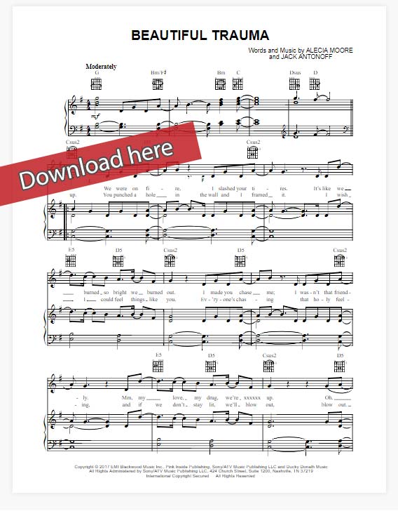 pink, beautiful trauma, sheet music, piano notes, chords, klavier noten, keyboard, voice, vocals, download, transpose, composition