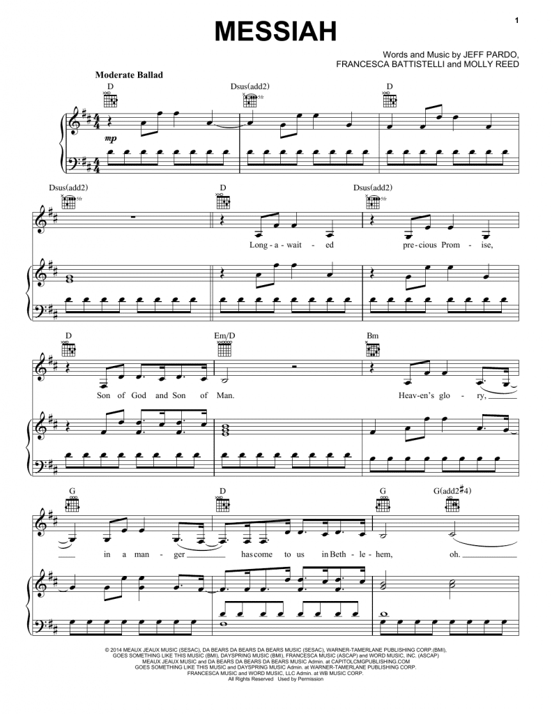 francesca battistelli, messiah, sheet music, piano notes, chords, composition, guitar, keyboard, klavier noten