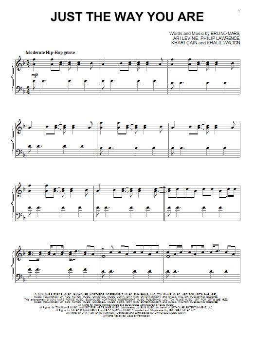 Bruno Mars Just The Way You Are Notes for Piano