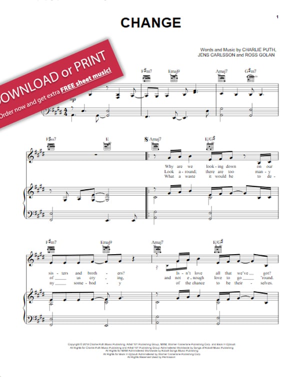 charlie puth, change, sheet music, piano chords, notes, klaviernoten, keyboard, guitar, tabs