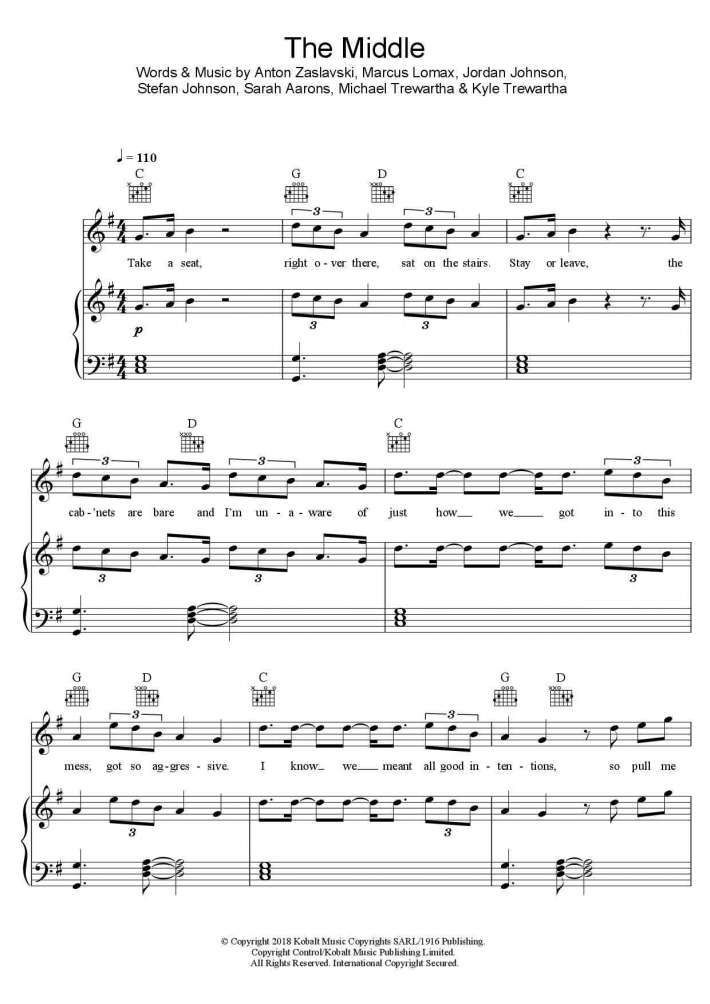 zedd, the middle, sheet music, piano chords, notes, klaviernoten, keyboard, guitar, tabs, voice, vocals