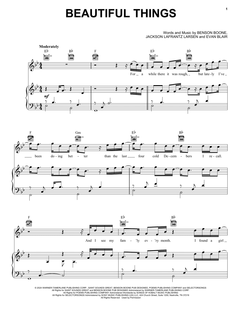 Benson Bone Beautiful Things Sheet Music for PIano: Download PDF, Print & Learn Benson Bone Beautiful Things Sheet Music for PIano: Download PDF, Print & Learn