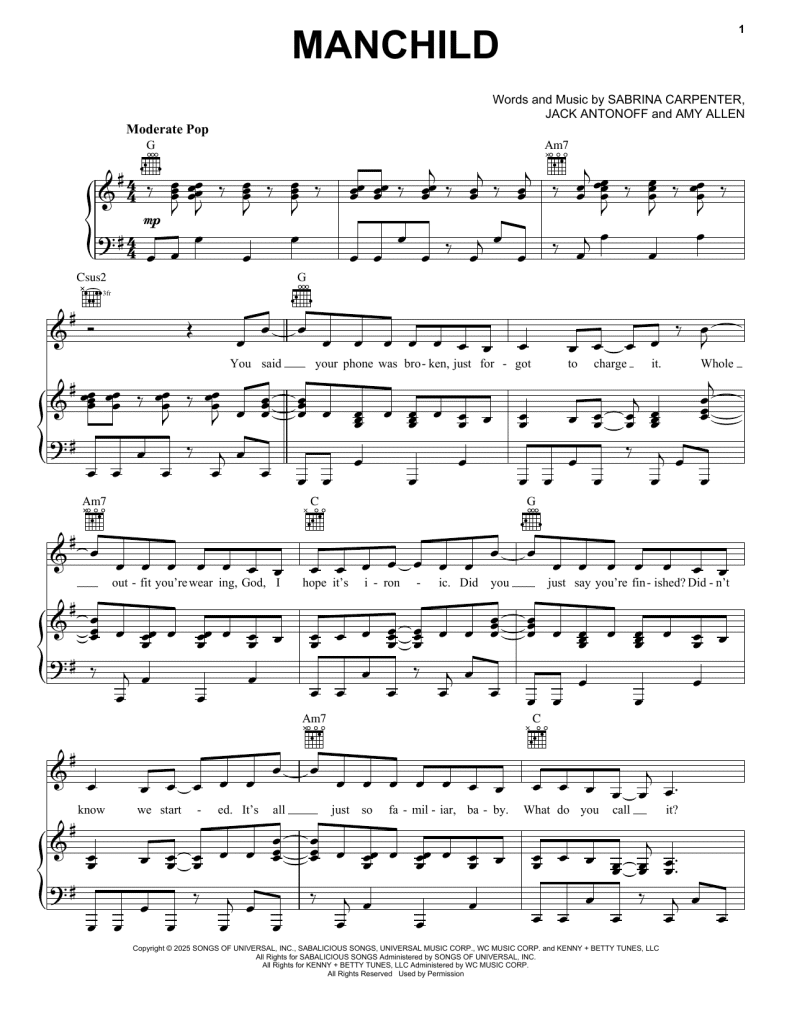 Learn How to Play Manchild Sheet Music PDF for Piano by Sabrina Carpenter